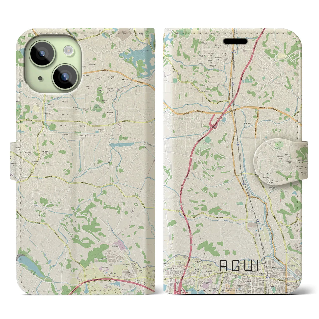 【阿久比(愛知県)】地図柄iPhoneケース(手帳タイプ)ナチュラル・iPhone 15 用