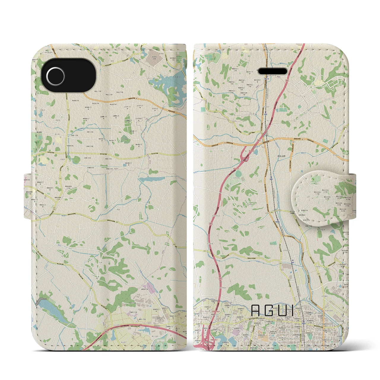 【阿久比(愛知県)】地図柄iPhoneケース(手帳タイプ)ナチュラル・iPhone SE(第3 / 第2世代) / 8 / 7 / 6s / 6 用