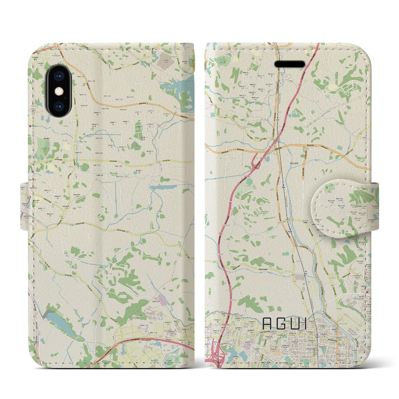 【阿久比(愛知県)】地図柄iPhoneケース(手帳タイプ)ナチュラル・iPhone XS / X 用