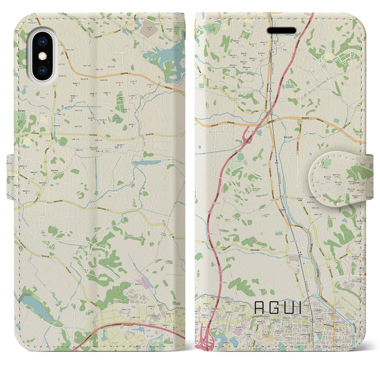 【阿久比(愛知県)】地図柄iPhoneケース(手帳タイプ)ナチュラル・iPhone XS Max 用