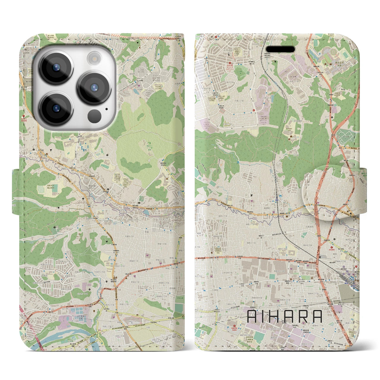 【相原(東京都)】地図柄iPhoneケース(手帳タイプ)ナチュラル・iPhone 14 Pro 用