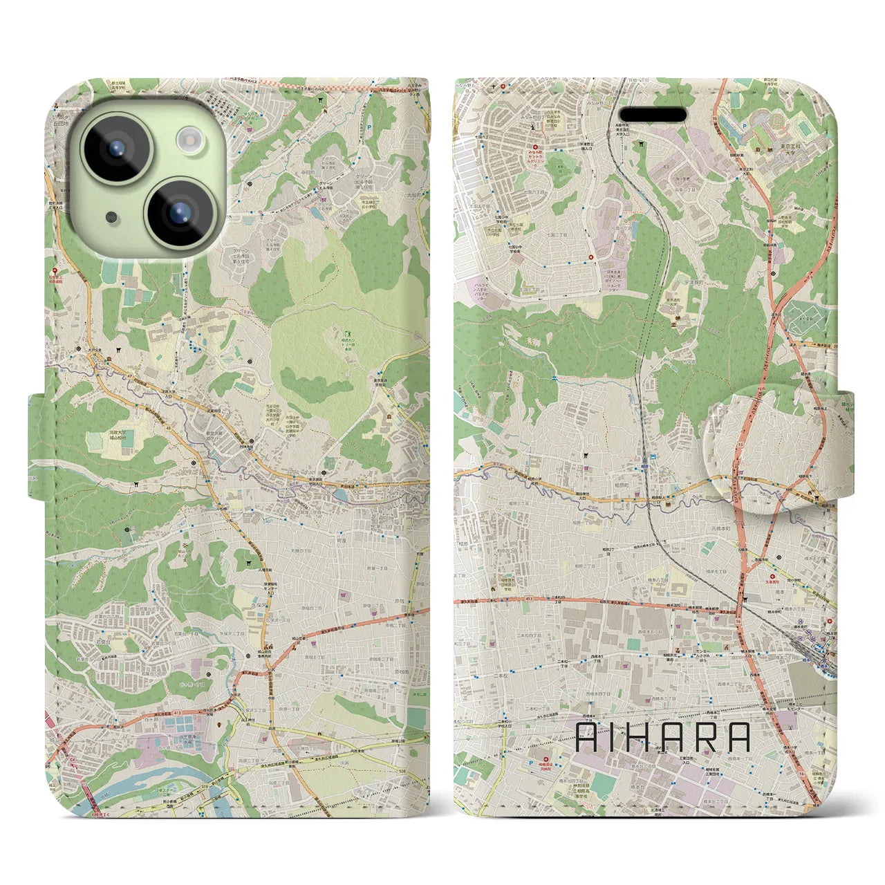 【相原(東京都)】地図柄iPhoneケース(手帳タイプ)ナチュラル・iPhone 15 用