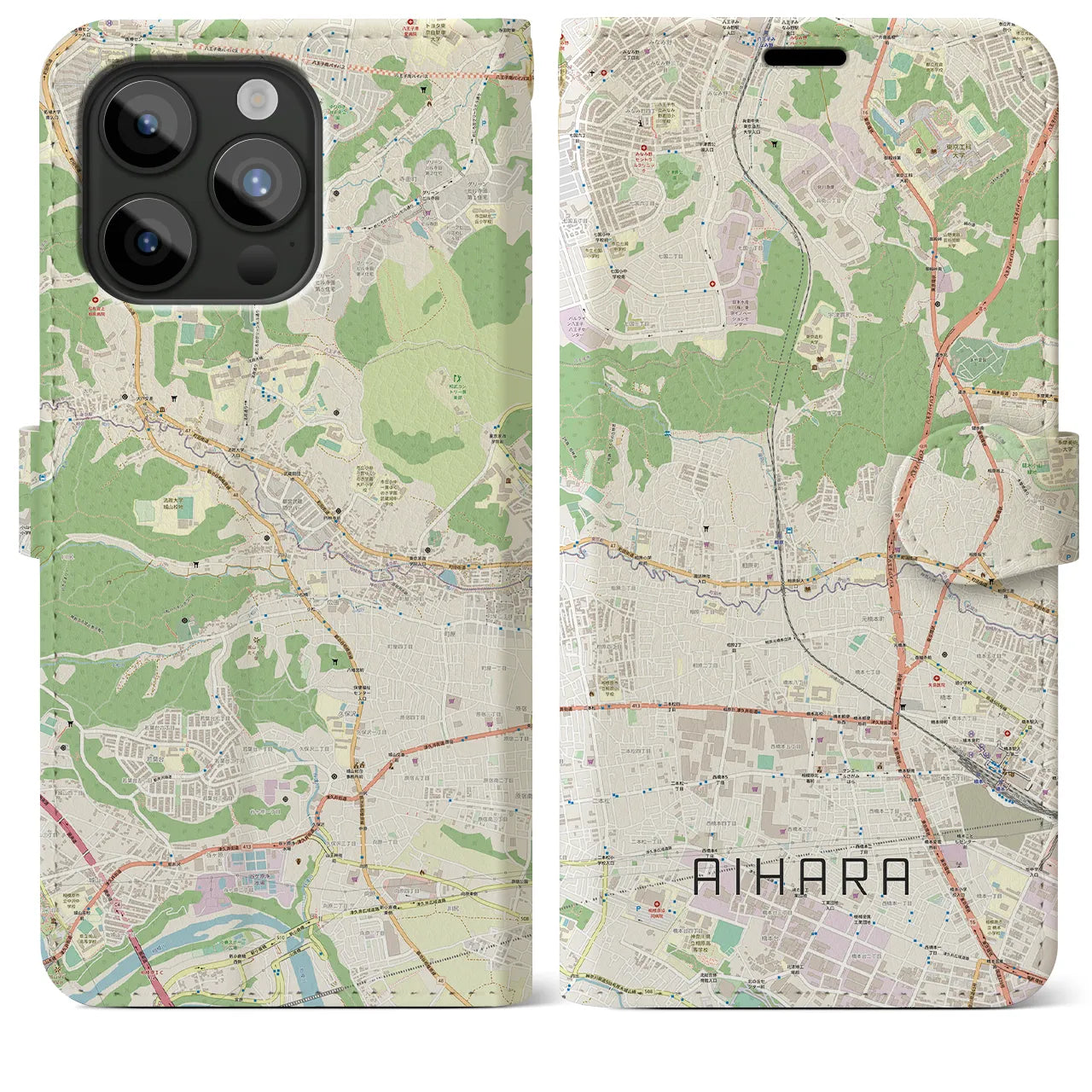 【相原(東京都)】地図柄iPhoneケース(手帳タイプ)ナチュラル・iPhone 15 Pro Max 用