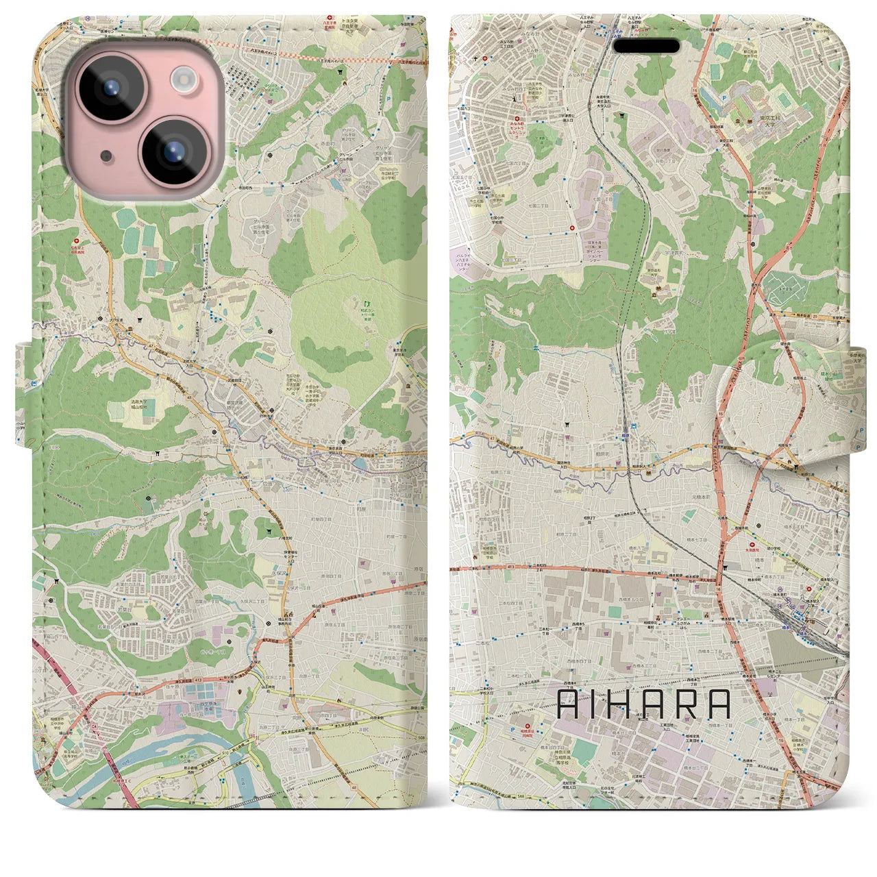 【相原(東京都)】地図柄iPhoneケース(手帳タイプ)ナチュラル・iPhone 15 Plus 用