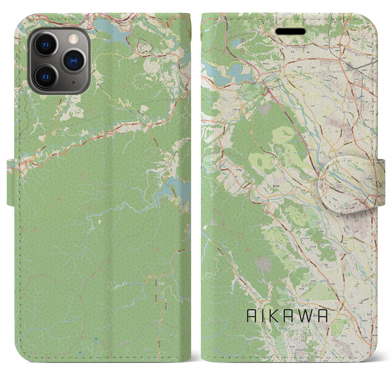 【愛川(神奈川県)】地図柄iPhoneケース(手帳タイプ)ナチュラル・iPhone 11 Pro Max 用
