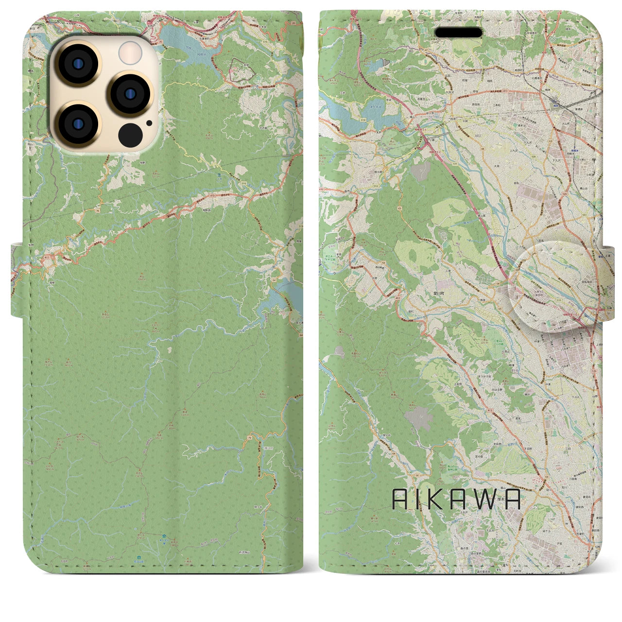 【愛川(神奈川県)】地図柄iPhoneケース(手帳タイプ)ナチュラル・iPhone 12 Pro Max 用