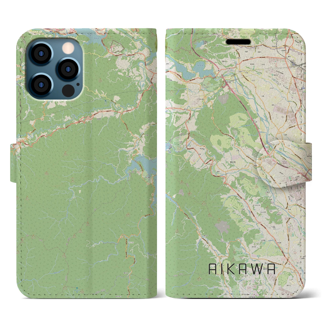 【愛川(神奈川県)】地図柄iPhoneケース(手帳タイプ)ナチュラル・iPhone 12 / 12 Pro 用
