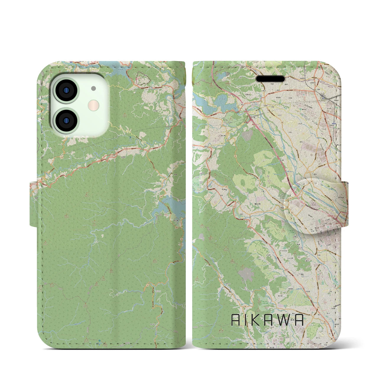 【愛川(神奈川県)】地図柄iPhoneケース(手帳タイプ)ナチュラル・iPhone 12 mini 用