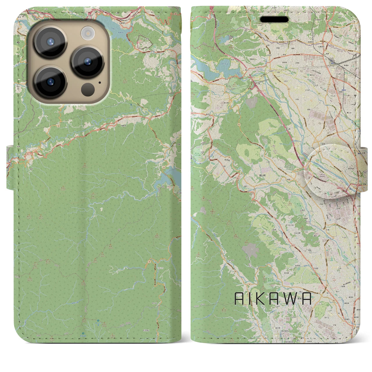 【愛川(神奈川県)】地図柄iPhoneケース(手帳タイプ)ナチュラル・iPhone 14 Pro Max 用