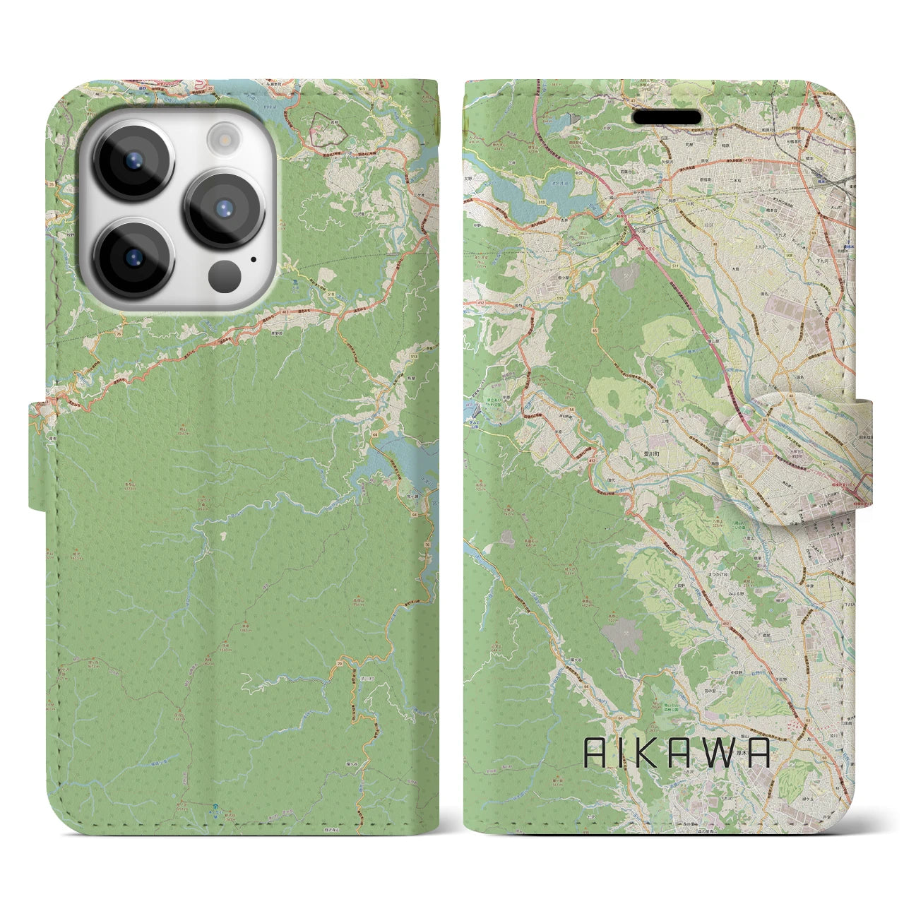 【愛川(神奈川県)】地図柄iPhoneケース(手帳タイプ)ナチュラル・iPhone 14 Pro 用
