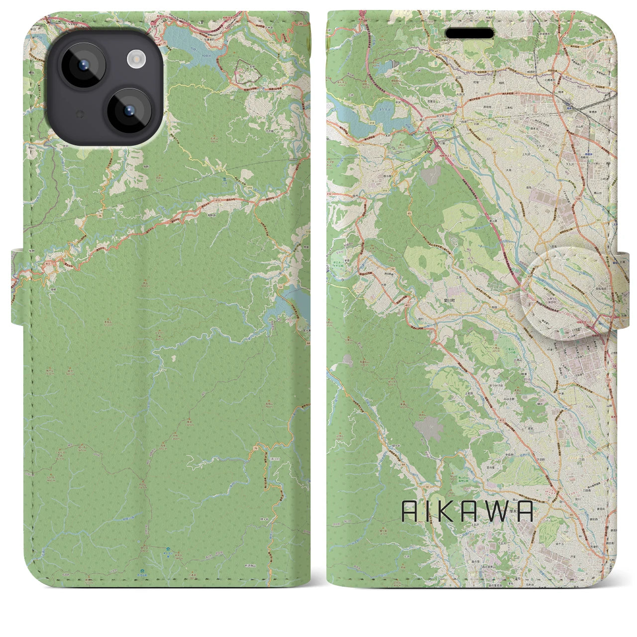 【愛川(神奈川県)】地図柄iPhoneケース(手帳タイプ)ナチュラル・iPhone 14 Plus 用