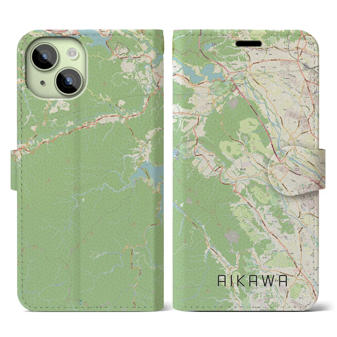 【愛川(神奈川県)】地図柄iPhoneケース(手帳タイプ)ナチュラル・iPhone 15 用