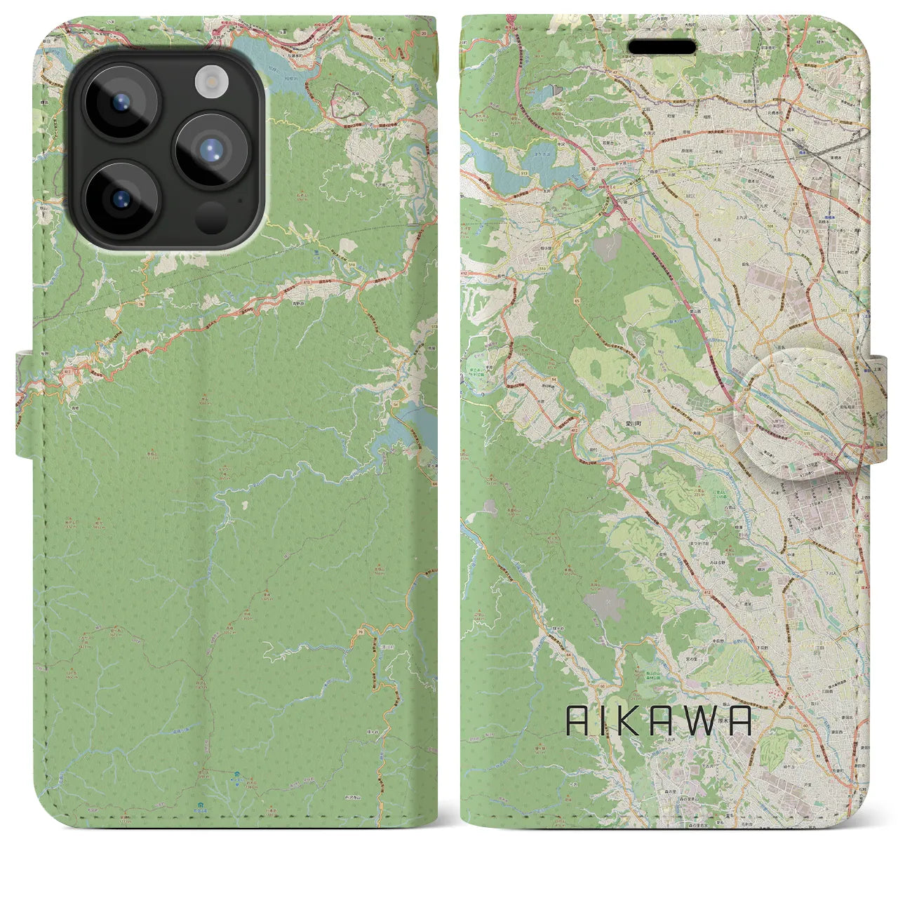 【愛川(神奈川県)】地図柄iPhoneケース(手帳タイプ)ナチュラル・iPhone 15 Pro Max 用