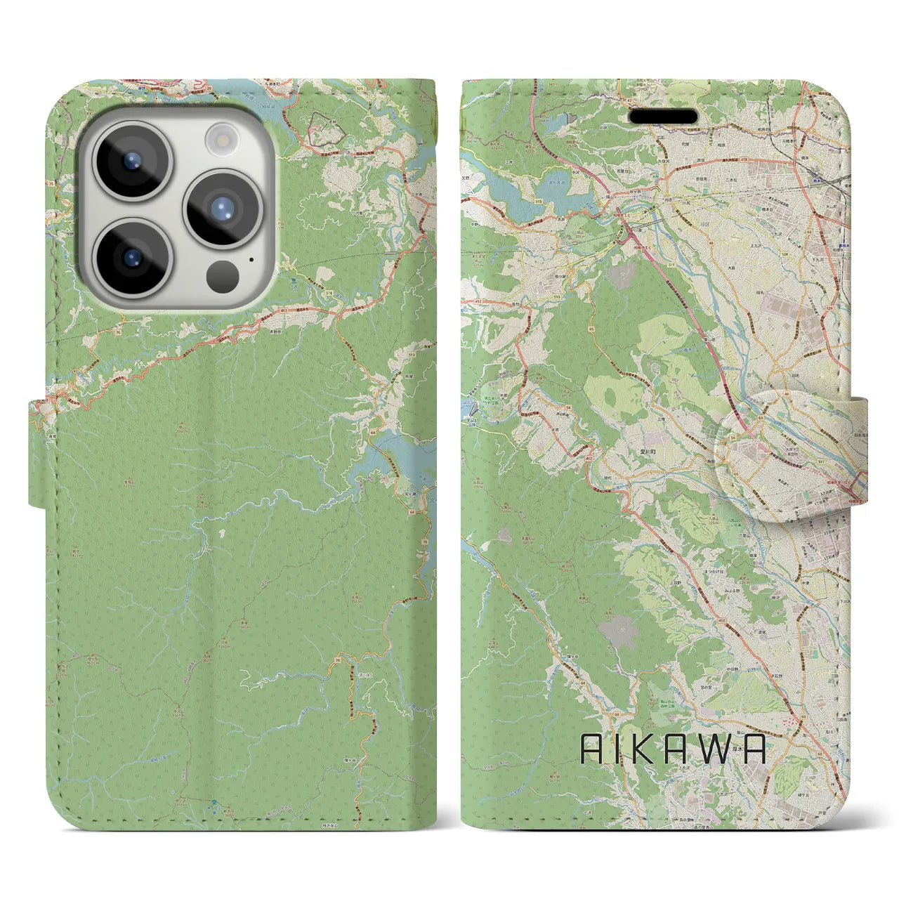 【愛川(神奈川県)】地図柄iPhoneケース(手帳タイプ)ナチュラル・iPhone 15 Pro 用