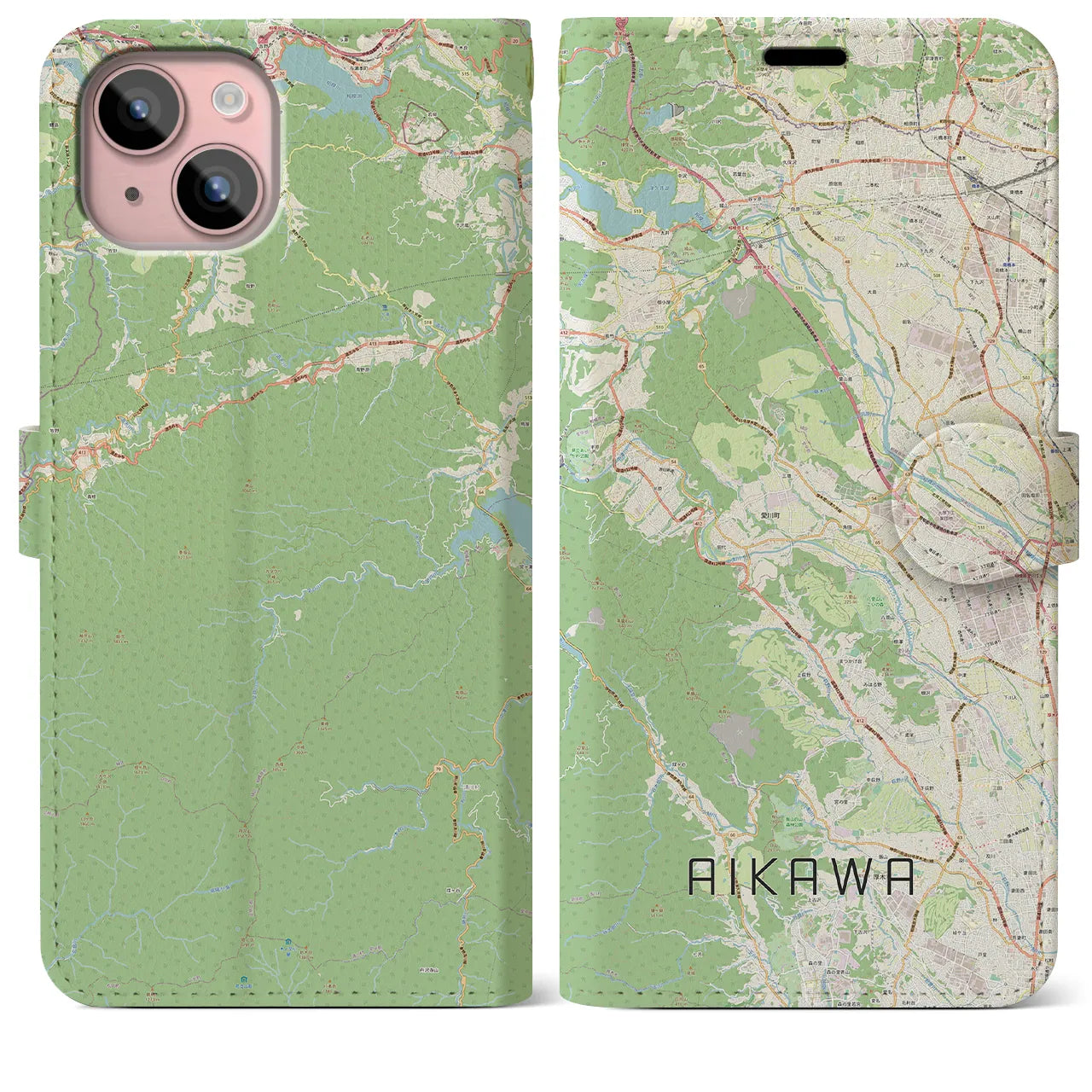 【愛川(神奈川県)】地図柄iPhoneケース(手帳タイプ)ナチュラル・iPhone 15 Plus 用