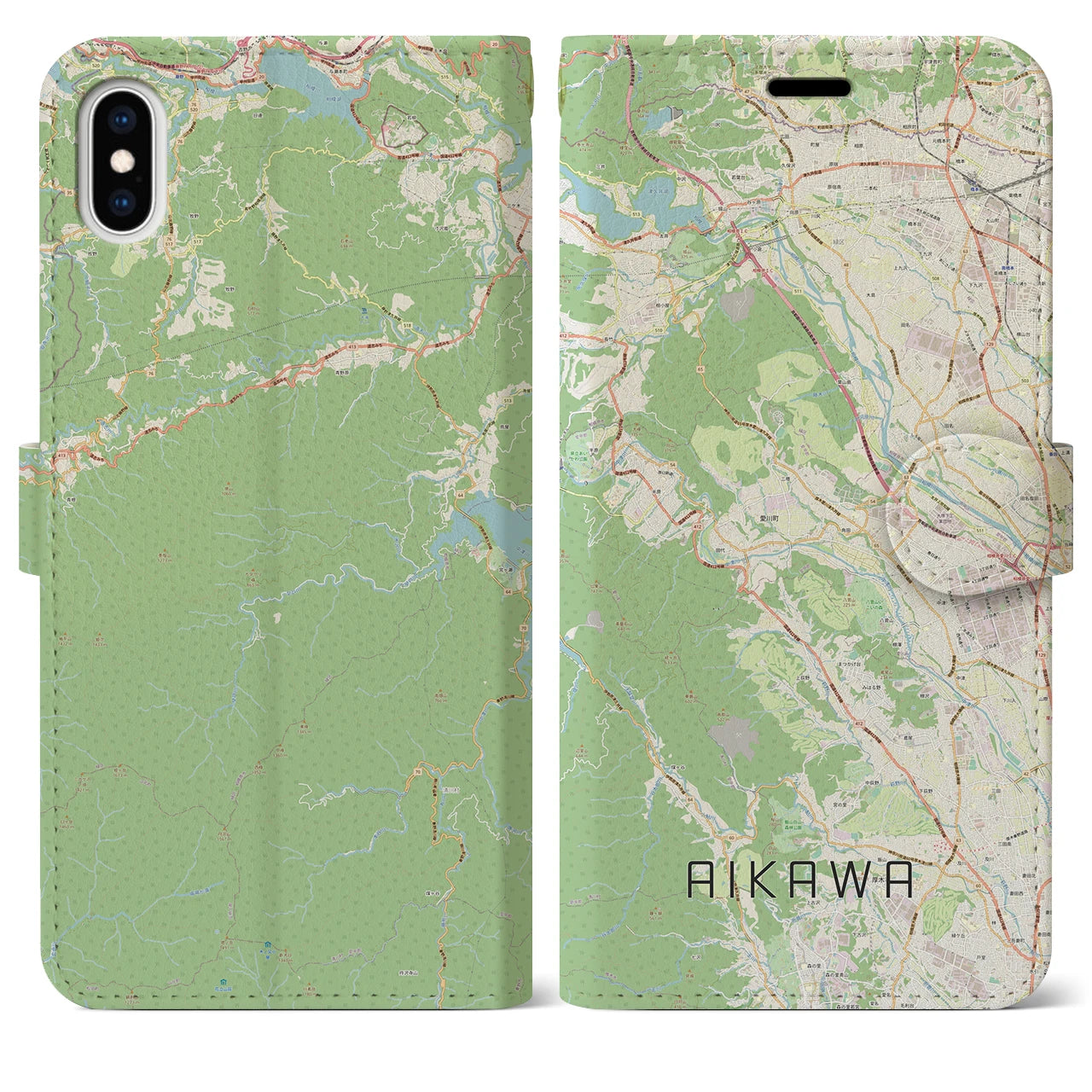 【愛川(神奈川県)】地図柄iPhoneケース(手帳タイプ)ナチュラル・iPhone XS Max 用