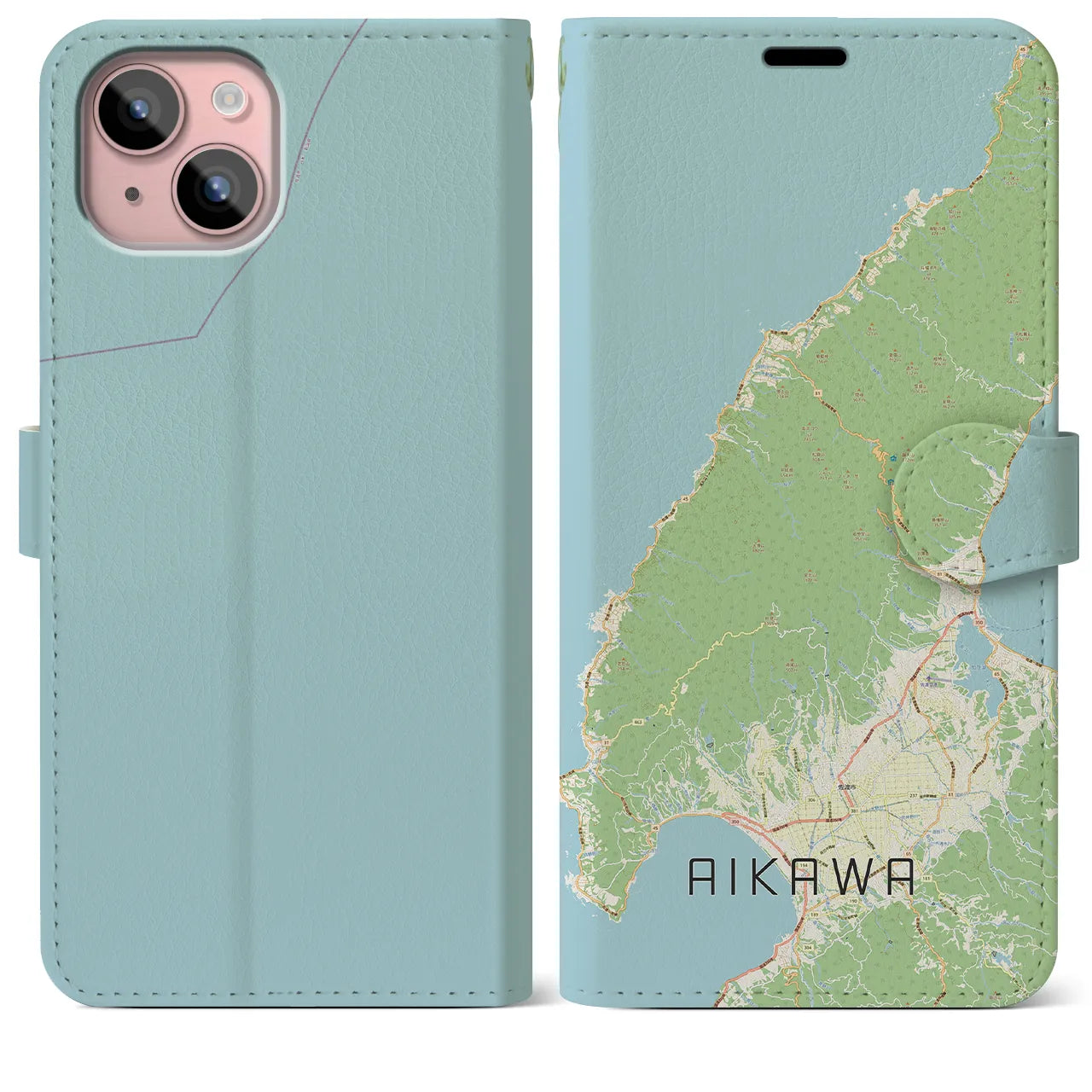 【相川(新潟県)】地図柄iPhoneケース(手帳タイプ)ナチュラル・iPhone 15 Plus 用