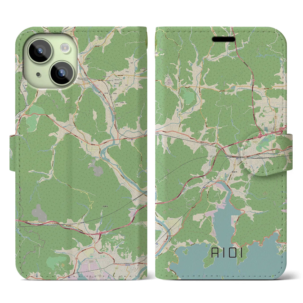 【相生(兵庫県)】地図柄iPhoneケース(手帳タイプ)ナチュラル・iPhone 15 用