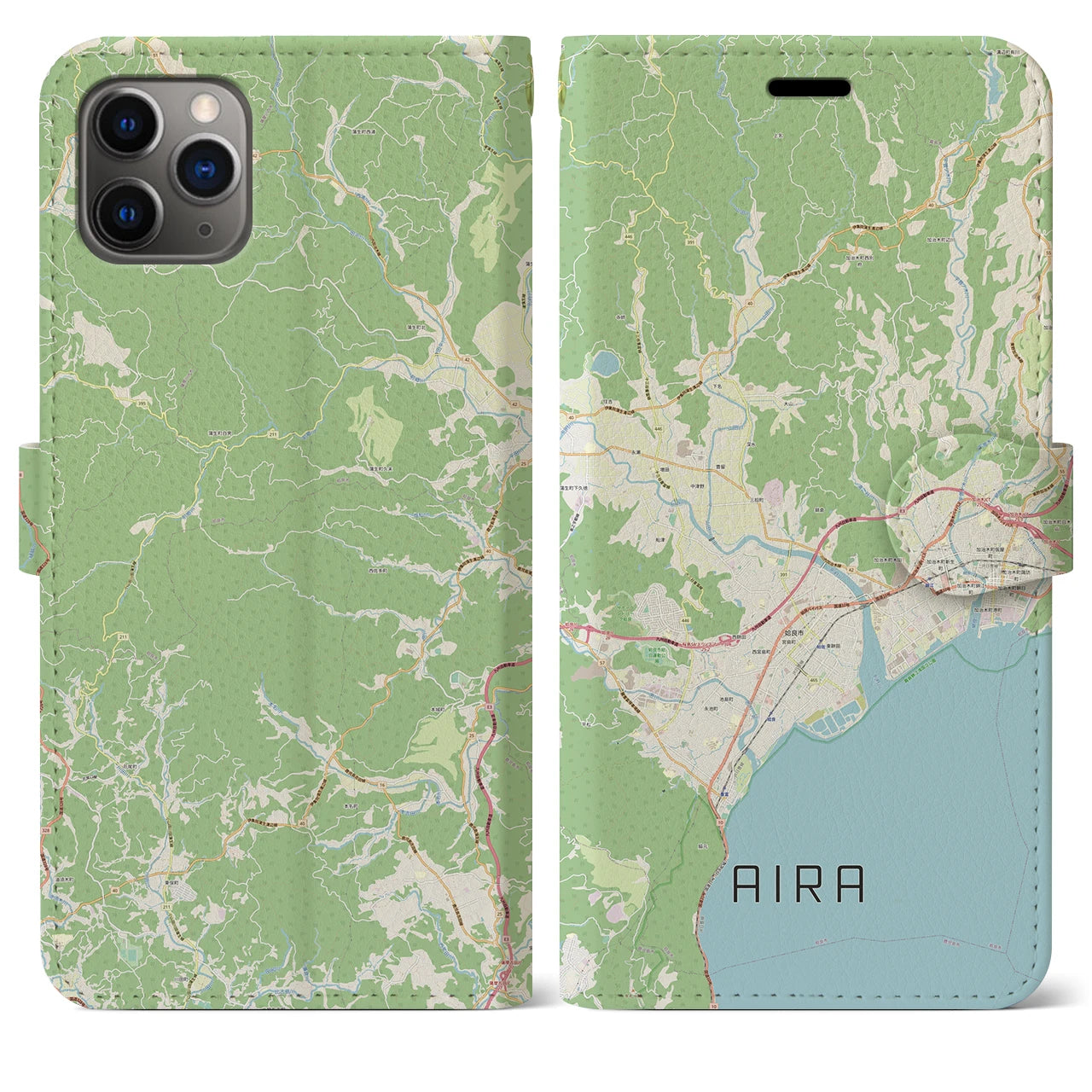 【姶良(鹿児島県)】地図柄iPhoneケース(手帳タイプ)ナチュラル・iPhone 11 Pro Max 用
