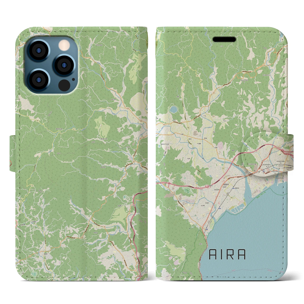 【姶良(鹿児島県)】地図柄iPhoneケース(手帳タイプ)ナチュラル・iPhone 12 / 12 Pro 用