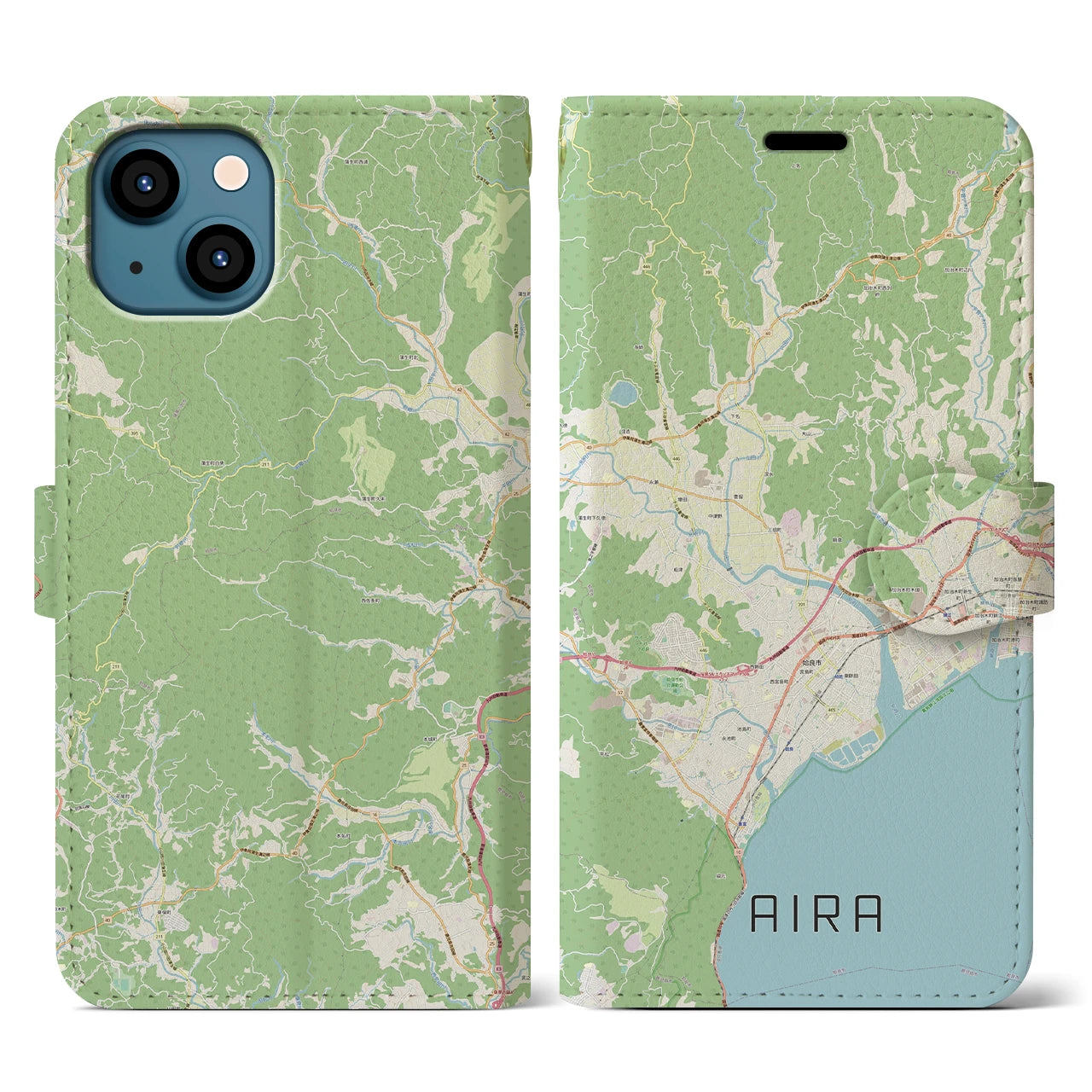 【姶良(鹿児島県)】地図柄iPhoneケース(手帳タイプ)ナチュラル・iPhone 13 用