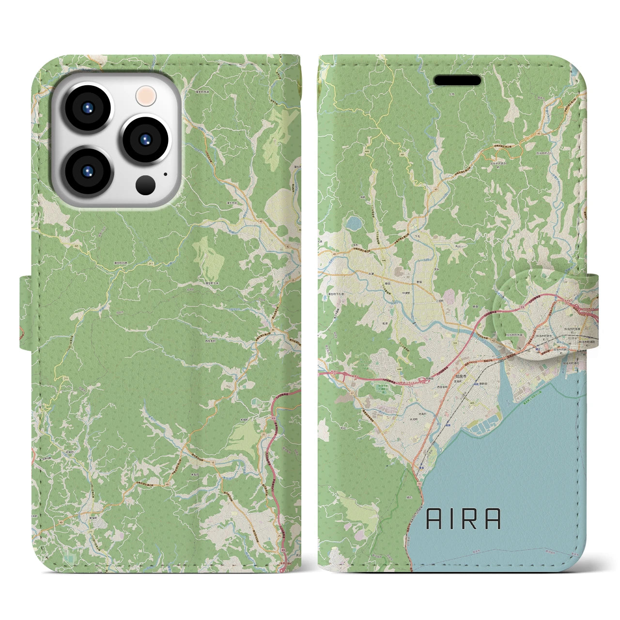 【姶良(鹿児島県)】地図柄iPhoneケース(手帳タイプ)ナチュラル・iPhone 13 Pro 用