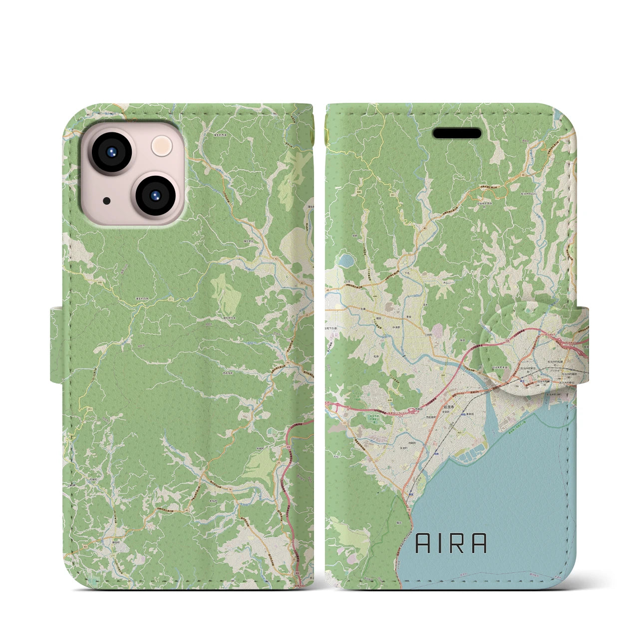 【姶良(鹿児島県)】地図柄iPhoneケース(手帳タイプ)ナチュラル・iPhone 13 mini 用