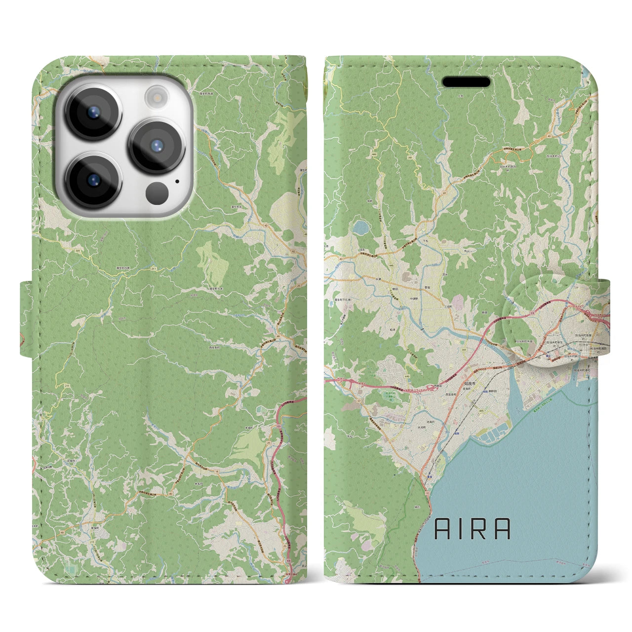 【姶良(鹿児島県)】地図柄iPhoneケース(手帳タイプ)ナチュラル・iPhone 14 Pro 用