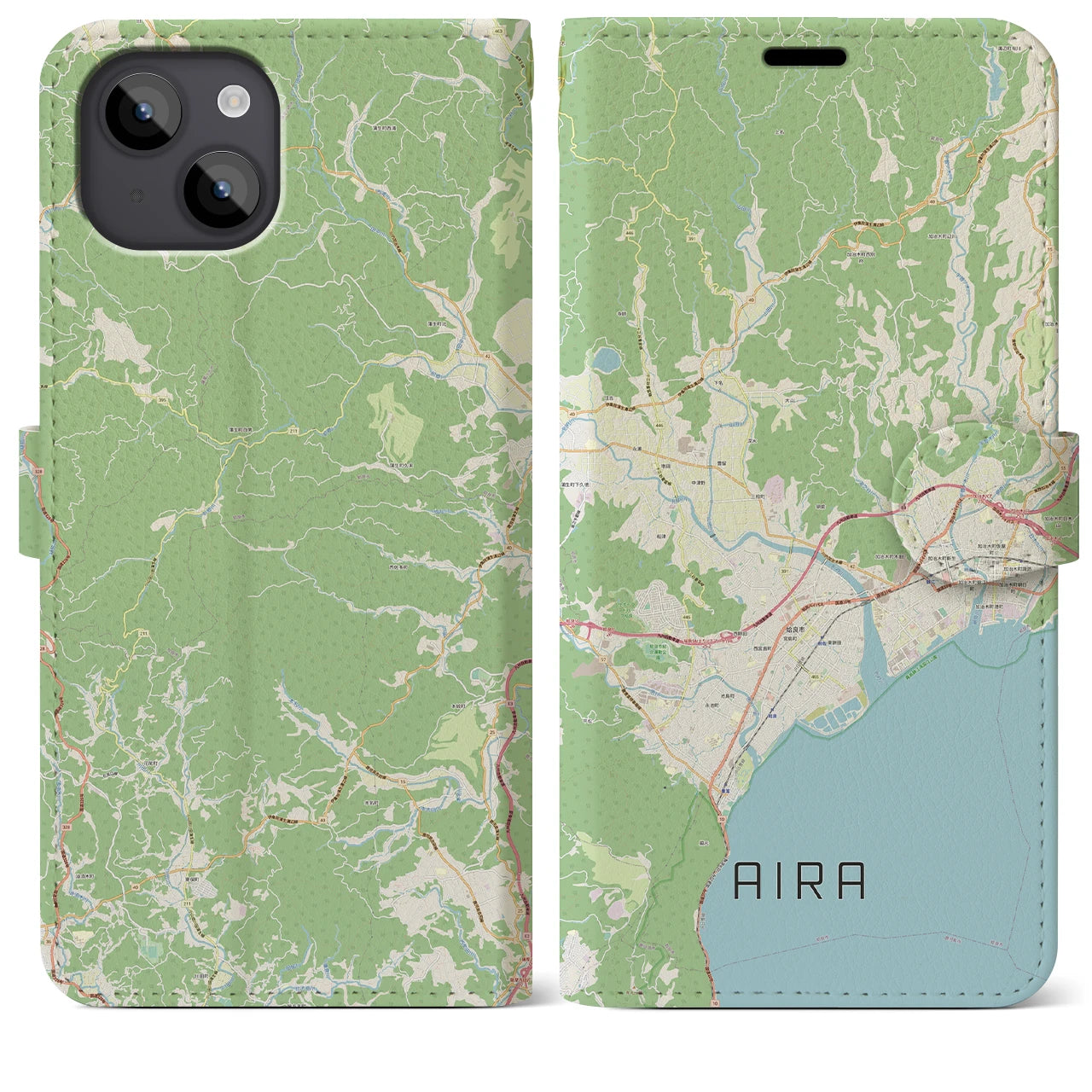 【姶良(鹿児島県)】地図柄iPhoneケース(手帳タイプ)ナチュラル・iPhone 14 Plus 用