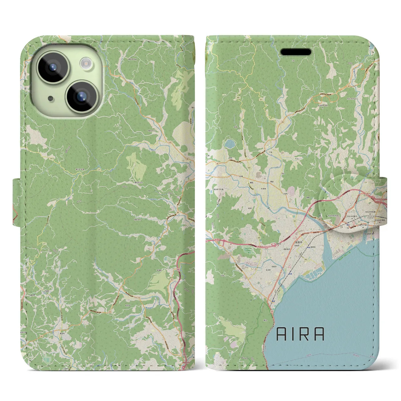 【姶良(鹿児島県)】地図柄iPhoneケース(手帳タイプ)ナチュラル・iPhone 15 用