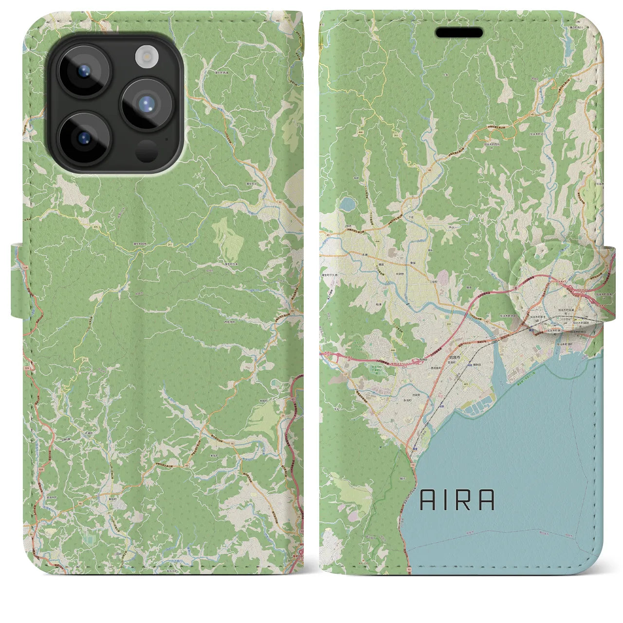 【姶良(鹿児島県)】地図柄iPhoneケース(手帳タイプ)ナチュラル・iPhone 15 Pro Max 用
