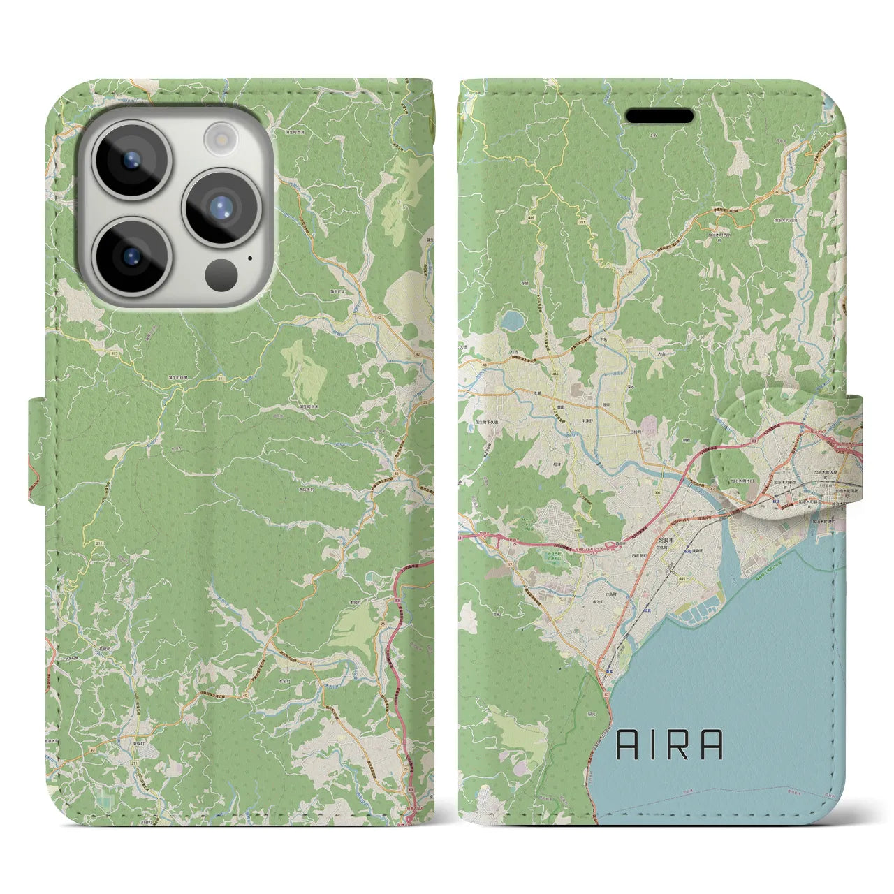【姶良(鹿児島県)】地図柄iPhoneケース(手帳タイプ)ナチュラル・iPhone 15 Pro 用