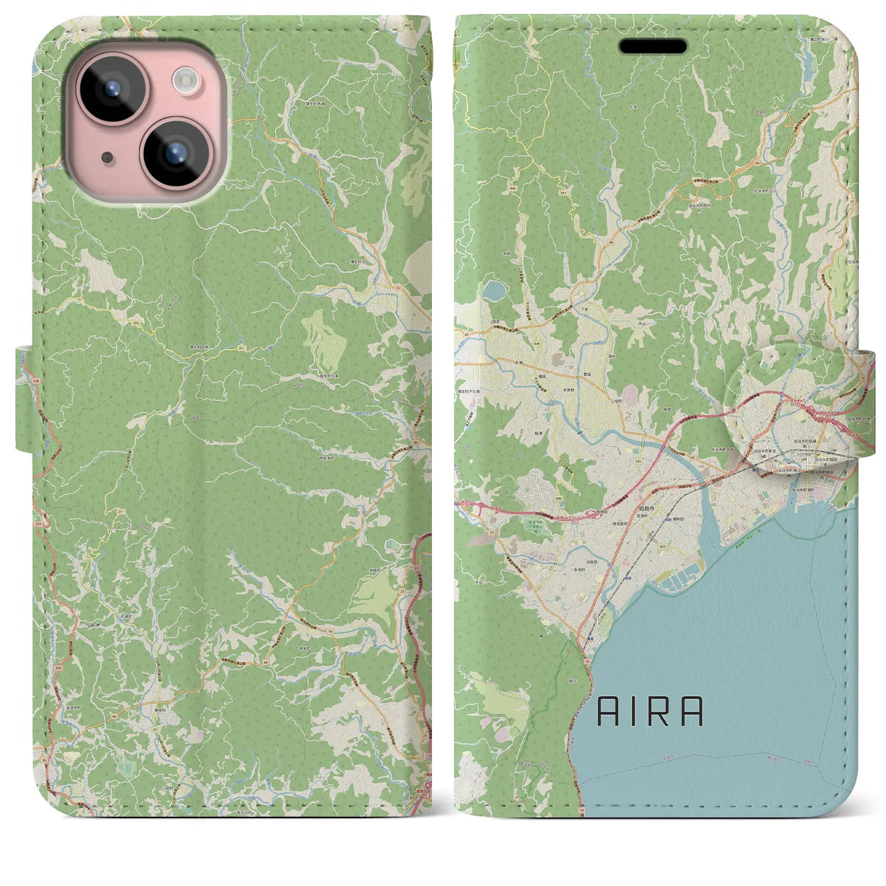 【姶良(鹿児島県)】地図柄iPhoneケース(手帳タイプ)ナチュラル・iPhone 15 Plus 用