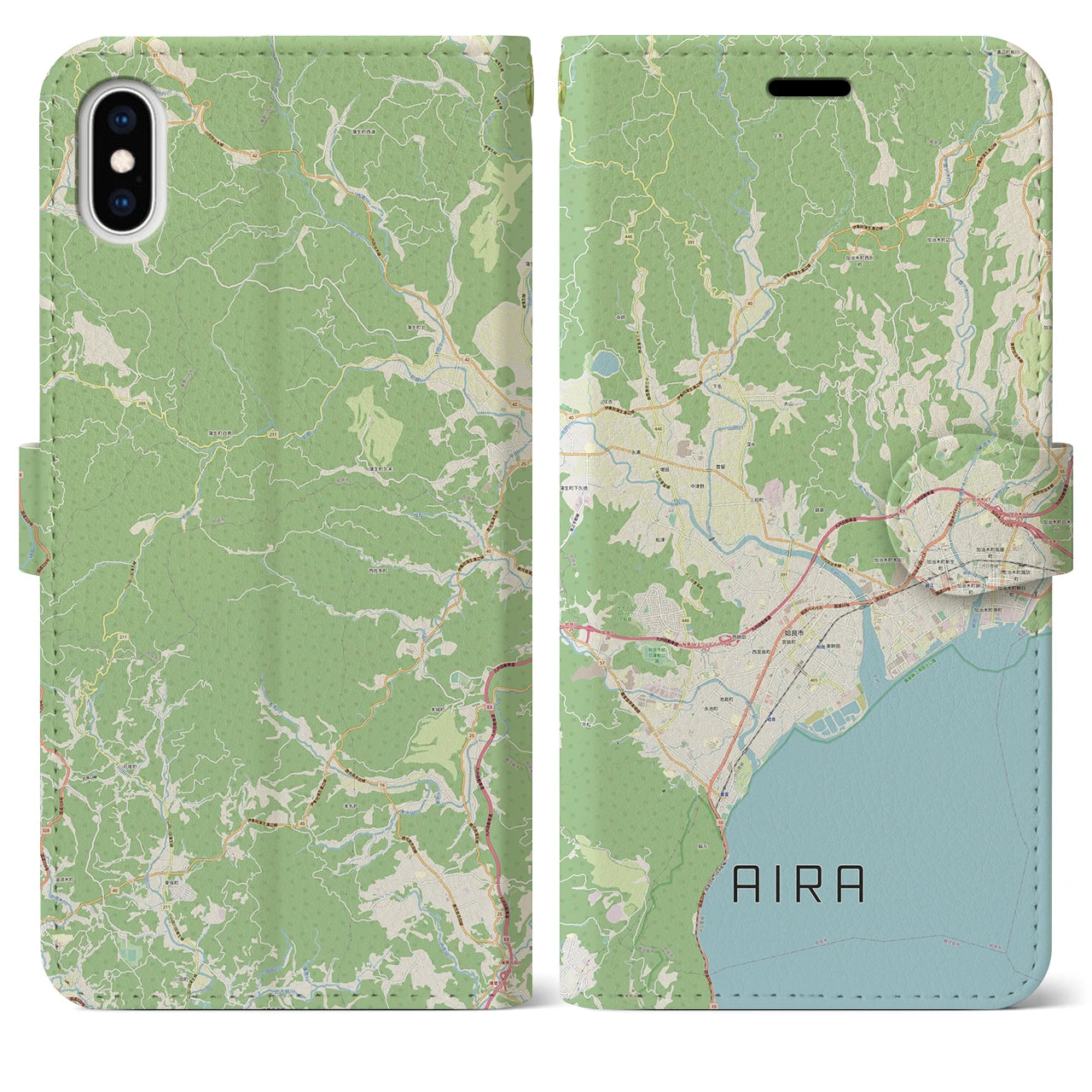 【姶良(鹿児島県)】地図柄iPhoneケース(手帳タイプ)ナチュラル・iPhone XS Max 用