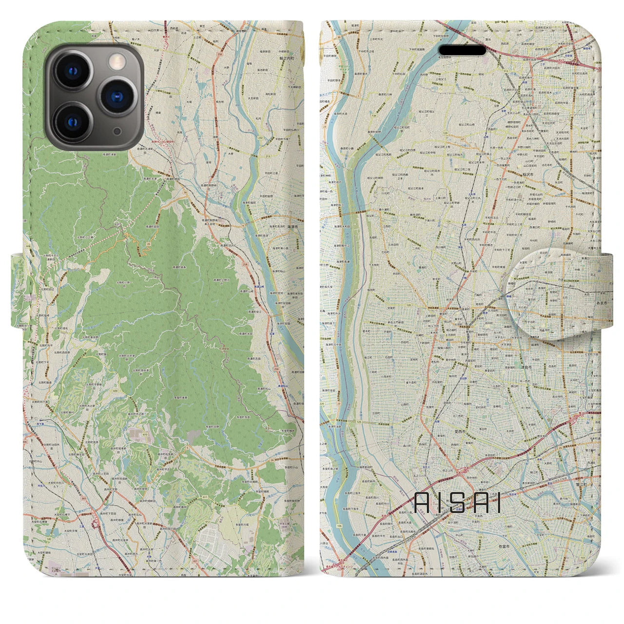 【愛西(愛知県)】地図柄iPhoneケース(手帳タイプ)ナチュラル・iPhone 11 Pro Max 用