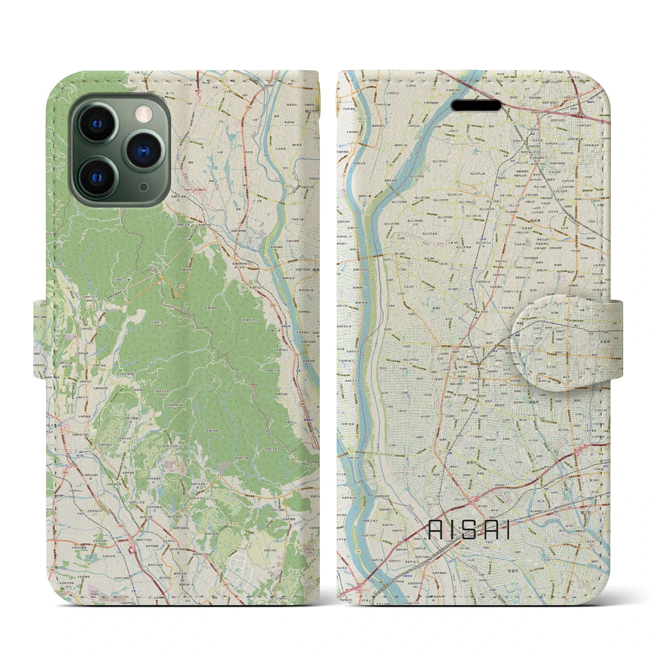 【愛西(愛知県)】地図柄iPhoneケース(手帳タイプ)ナチュラル・iPhone 11 Pro 用