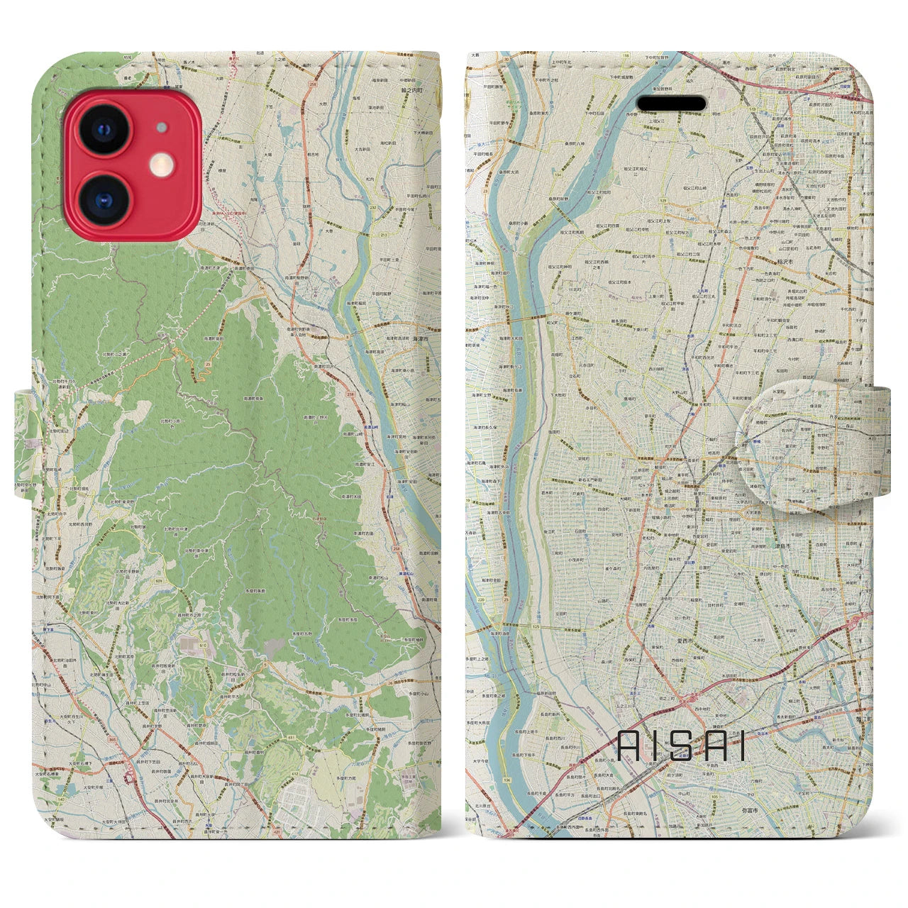 【愛西(愛知県)】地図柄iPhoneケース(手帳タイプ)ナチュラル・iPhone 11 用
