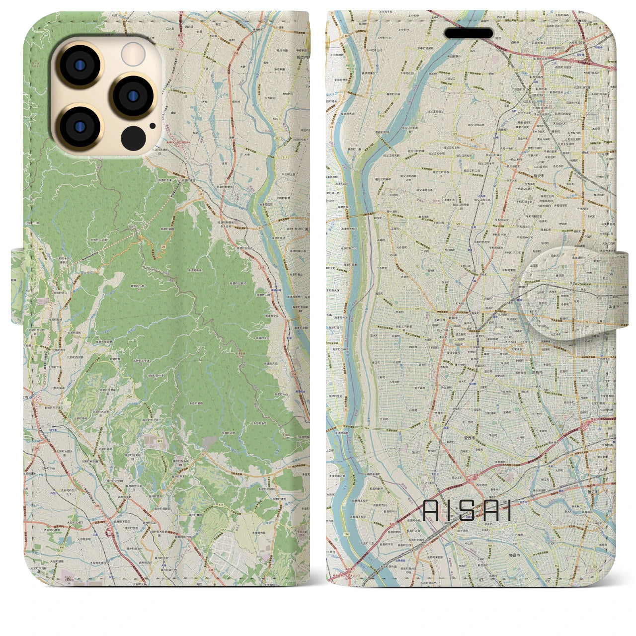 【愛西(愛知県)】地図柄iPhoneケース(手帳タイプ)ナチュラル・iPhone 12 Pro Max 用
