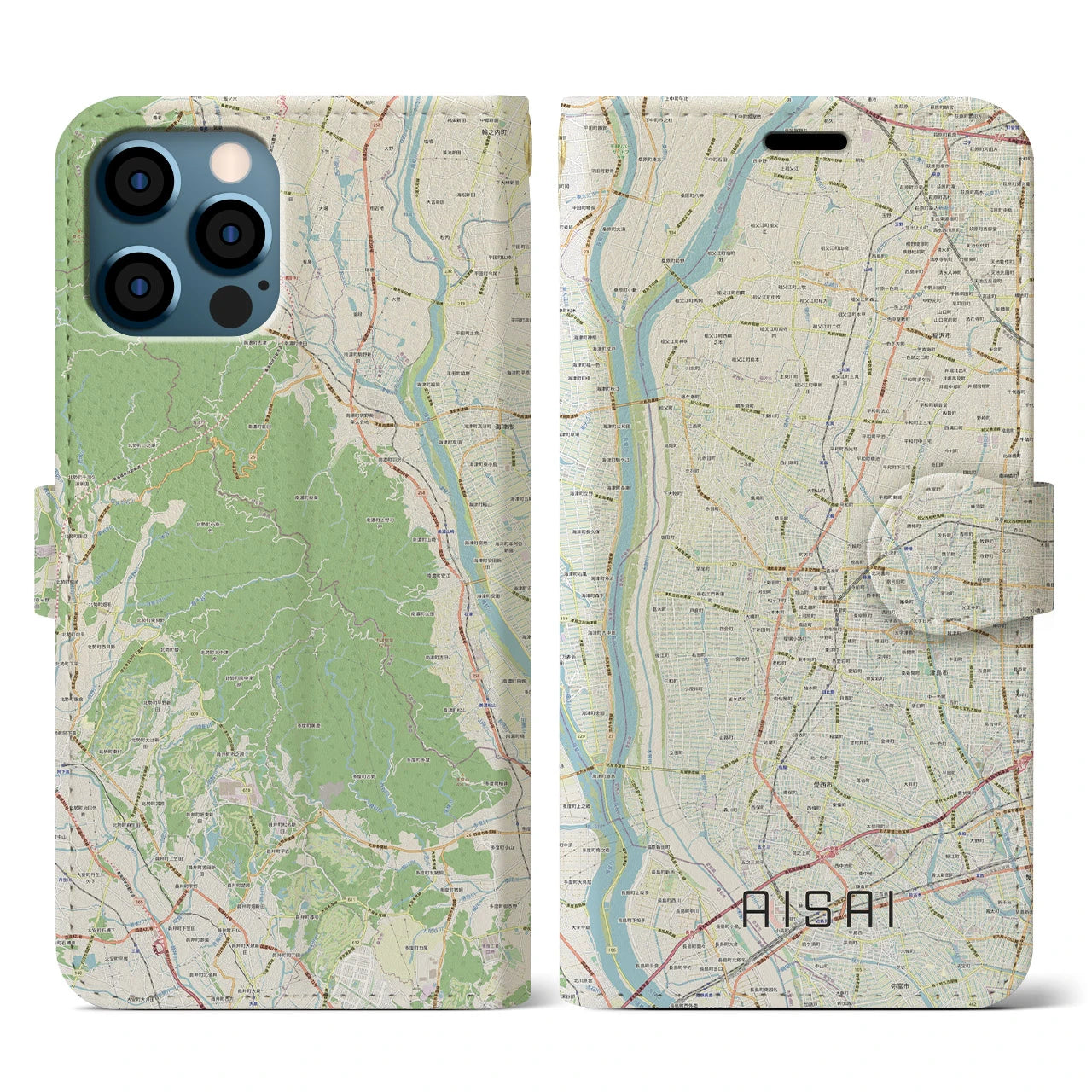 【愛西(愛知県)】地図柄iPhoneケース(手帳タイプ)ナチュラル・iPhone 12 / 12 Pro 用