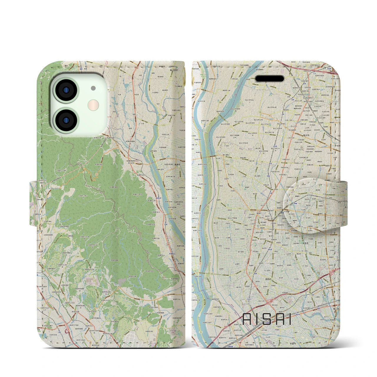 【愛西(愛知県)】地図柄iPhoneケース(手帳タイプ)ナチュラル・iPhone 12 mini 用