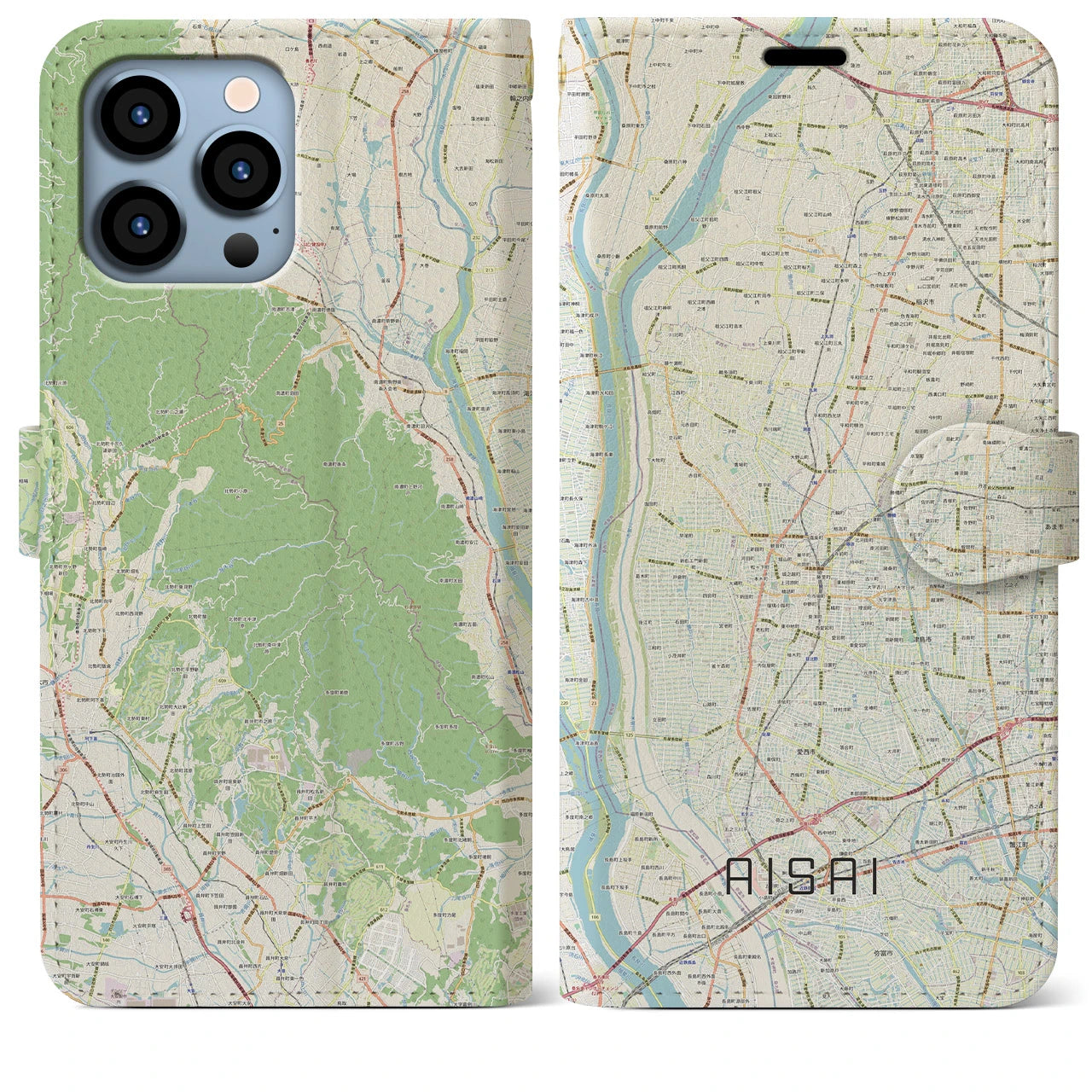 【愛西(愛知県)】地図柄iPhoneケース(手帳タイプ)ナチュラル・iPhone 13 Pro Max 用