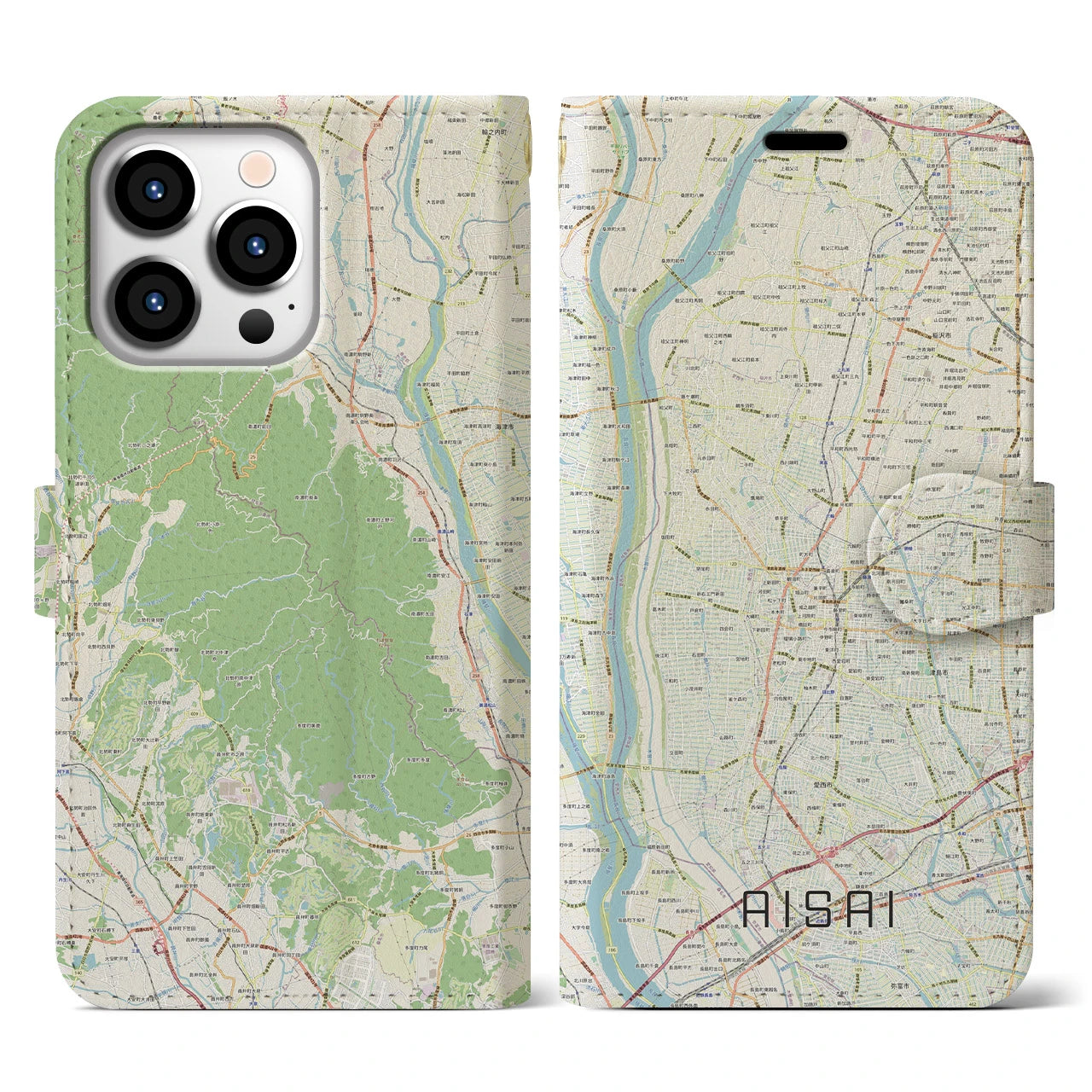 【愛西(愛知県)】地図柄iPhoneケース(手帳タイプ)ナチュラル・iPhone 13 Pro 用