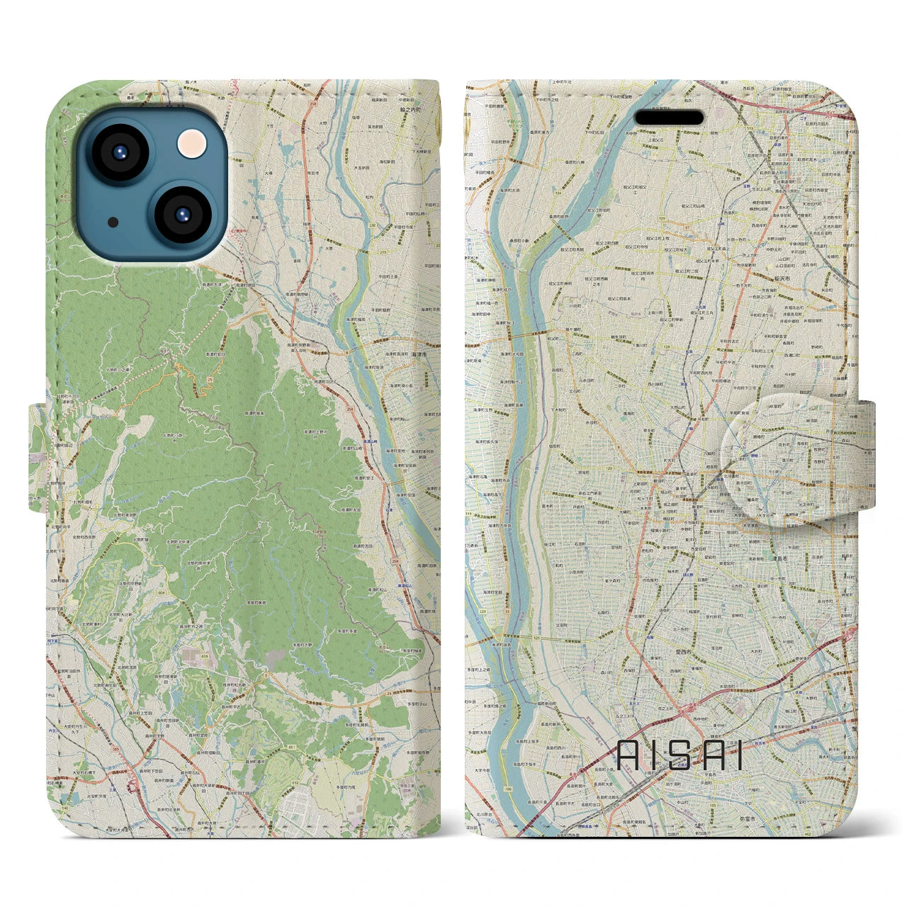 【愛西(愛知県)】地図柄iPhoneケース(手帳タイプ)ナチュラル・iPhone 13 用