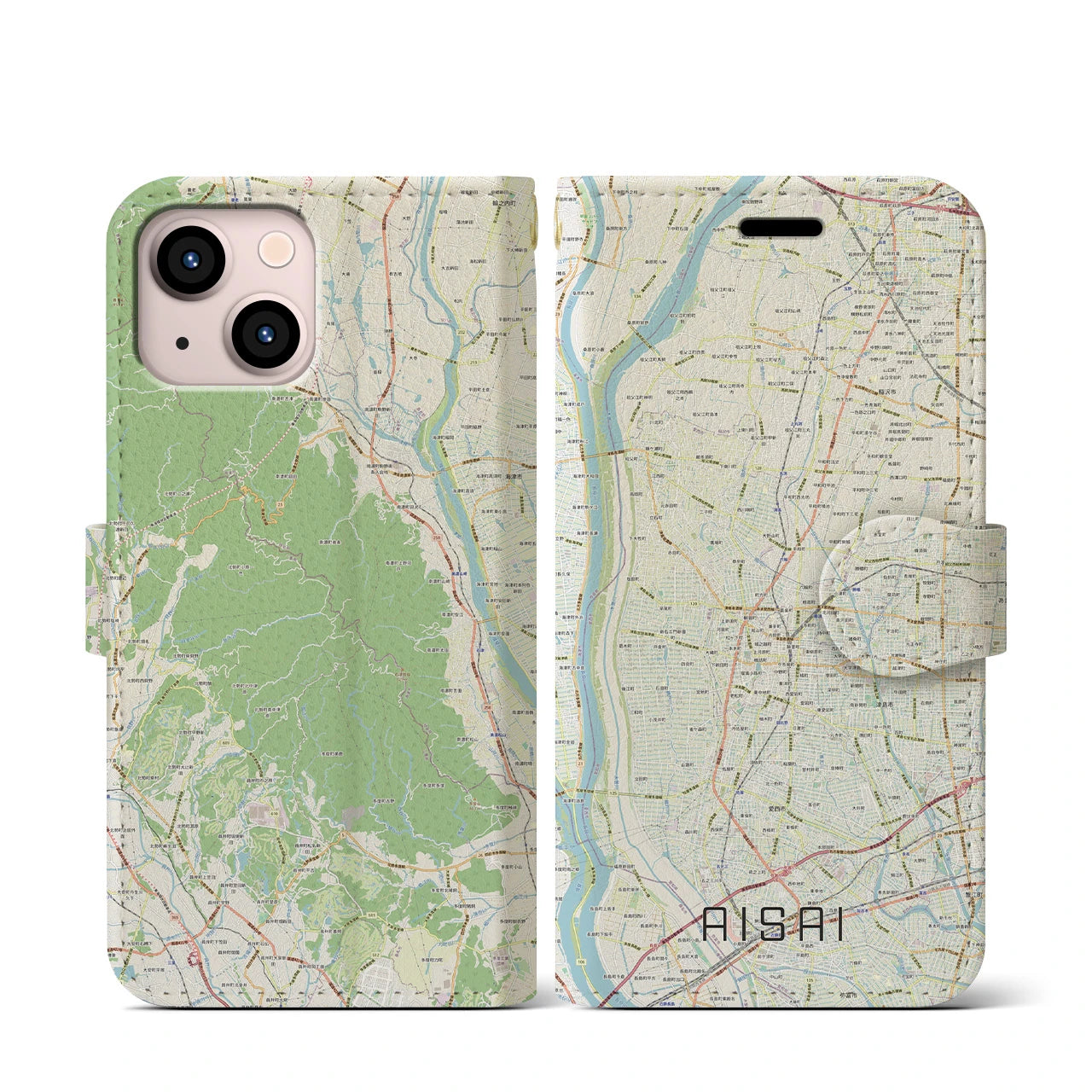 【愛西(愛知県)】地図柄iPhoneケース(手帳タイプ)ナチュラル・iPhone 13 mini 用