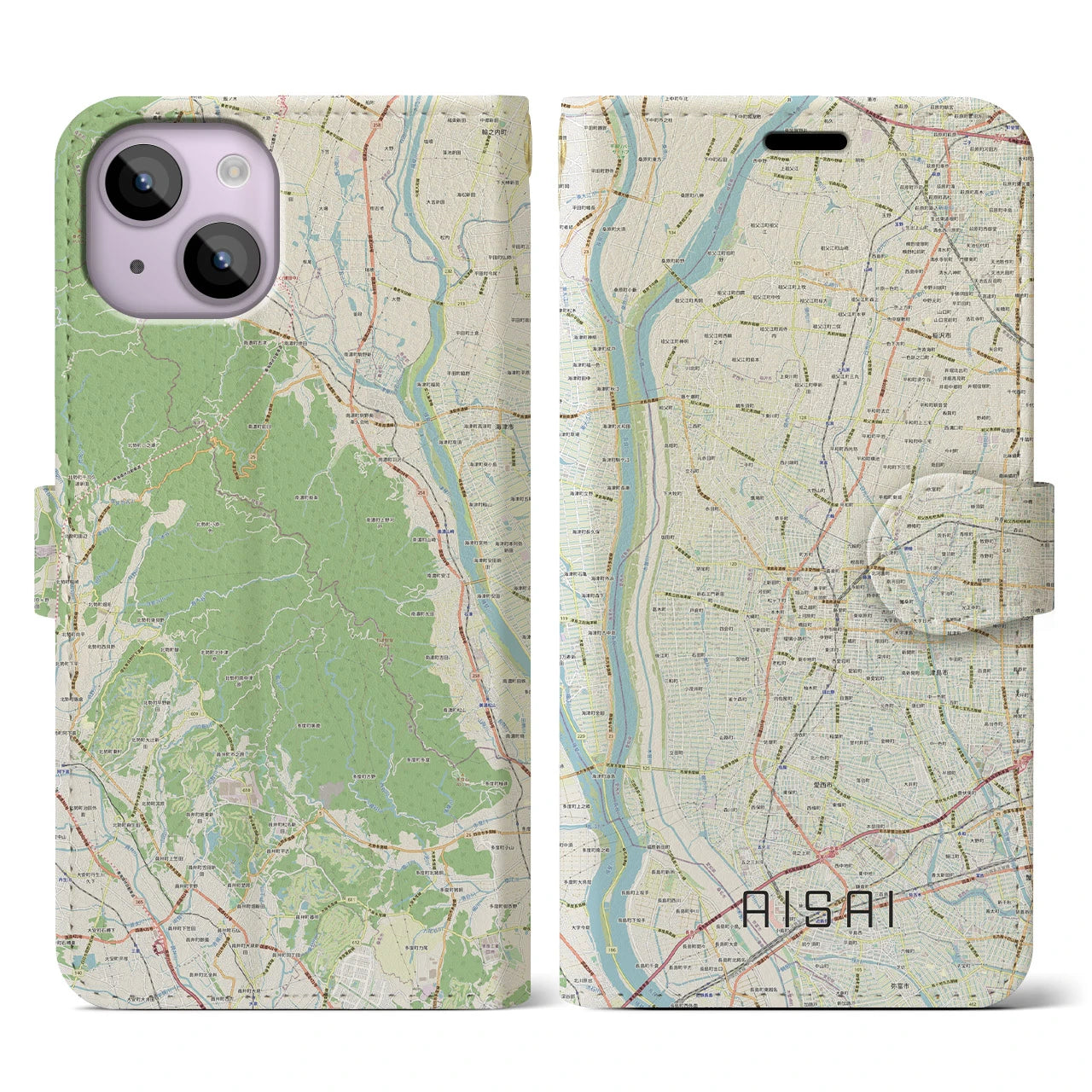 【愛西(愛知県)】地図柄iPhoneケース(手帳タイプ)ナチュラル・iPhone 14 用