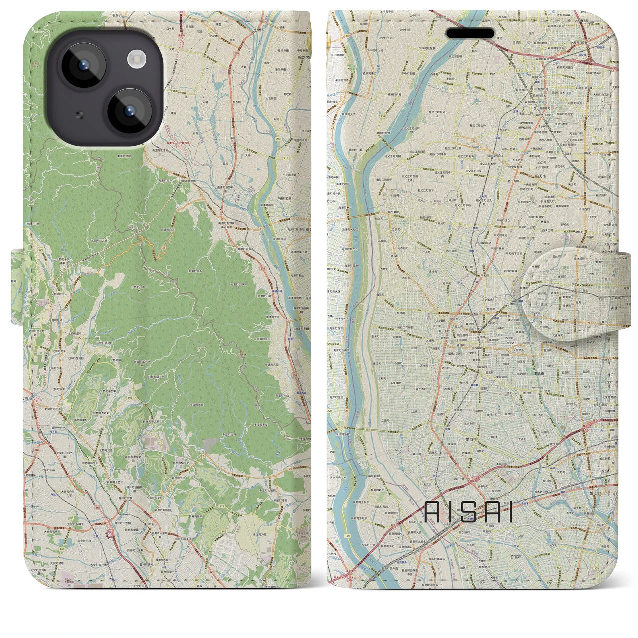 【愛西(愛知県)】地図柄iPhoneケース(手帳タイプ)ナチュラル・iPhone 14 Plus 用