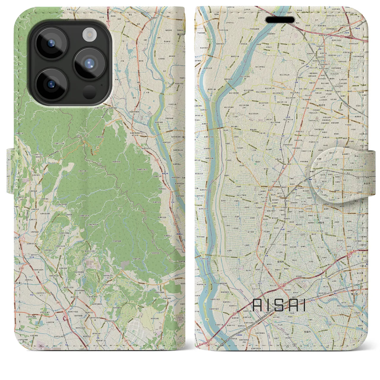 【愛西(愛知県)】地図柄iPhoneケース(手帳タイプ)ナチュラル・iPhone 15 Pro Max 用