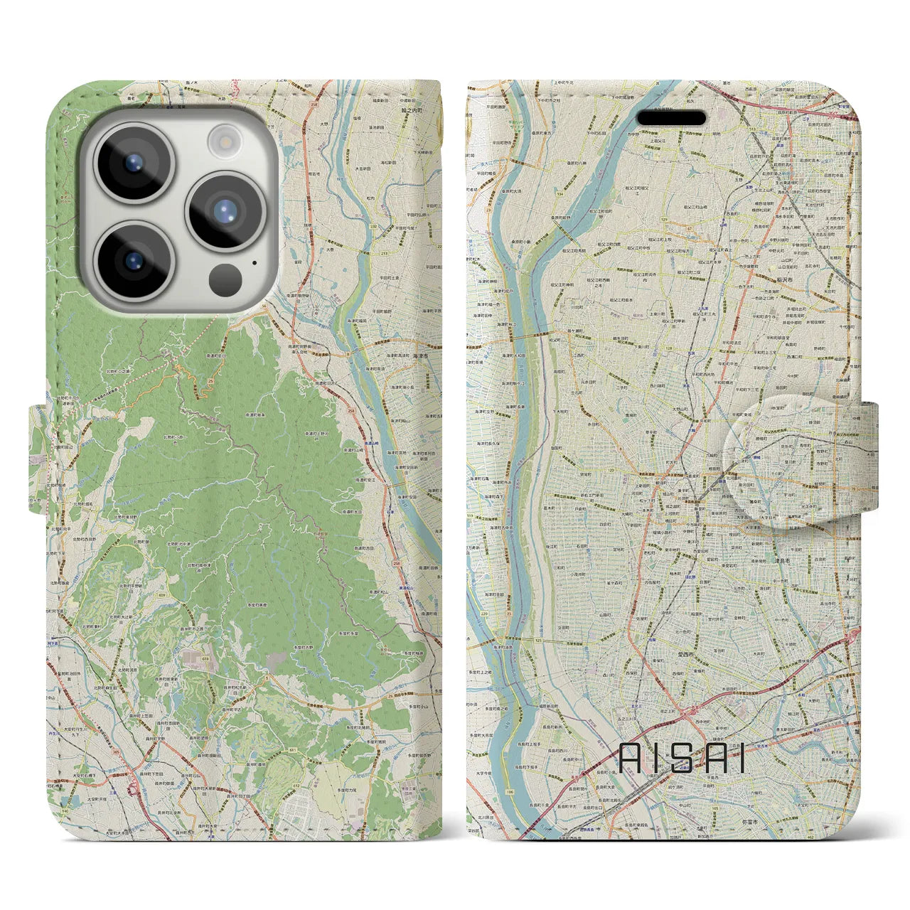 【愛西(愛知県)】地図柄iPhoneケース(手帳タイプ)ナチュラル・iPhone 15 Pro 用