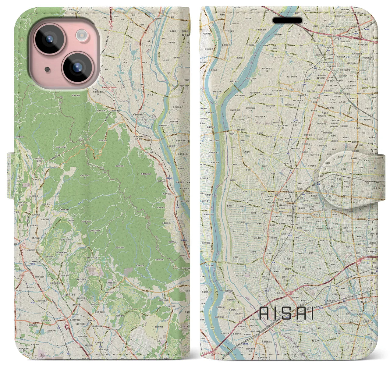 【愛西(愛知県)】地図柄iPhoneケース(手帳タイプ)ナチュラル・iPhone 15 Plus 用