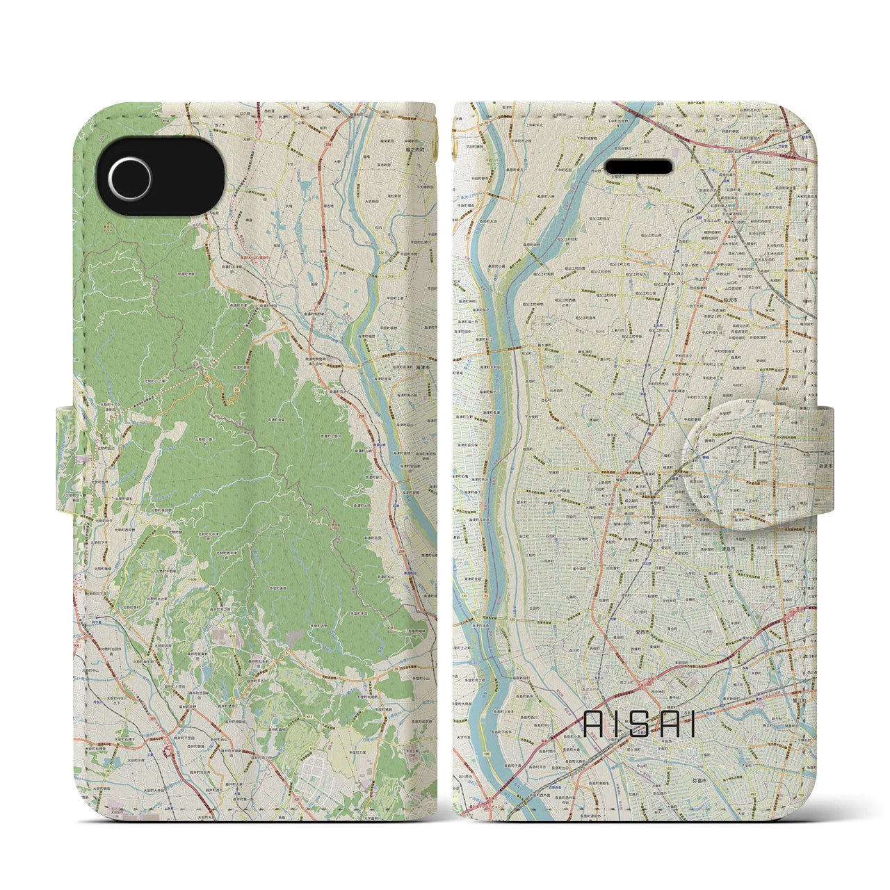 【愛西(愛知県)】地図柄iPhoneケース(手帳タイプ)ナチュラル・iPhone SE(第3 / 第2世代) / 8 / 7 / 6s / 6 用
